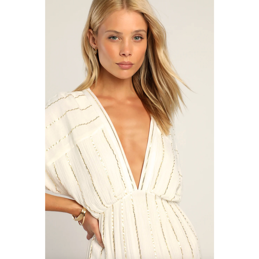 Lulus Goddess Vibes Ivory Gold Striped Dolman Sleeve Maxi Dress Resort XS NWT - Picture 2 of 11